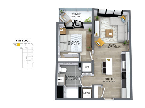 Floor plan for 1 bed, 1 bath, 602 sqft